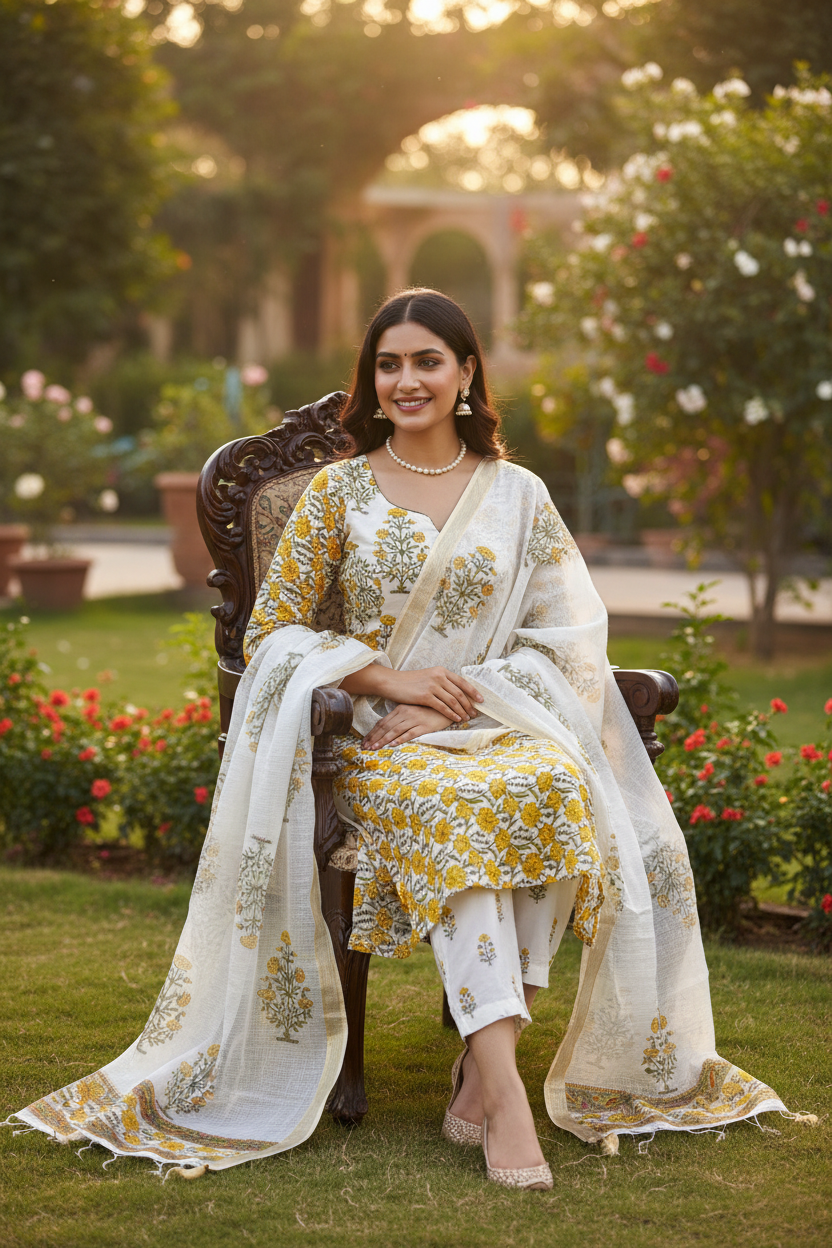 Yellow Jaal Handblocked Suit