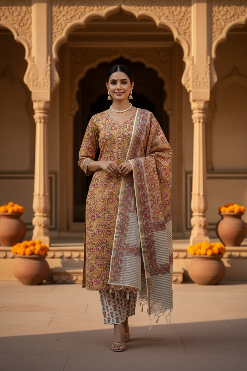 Peach Jaal Handblocked Suit