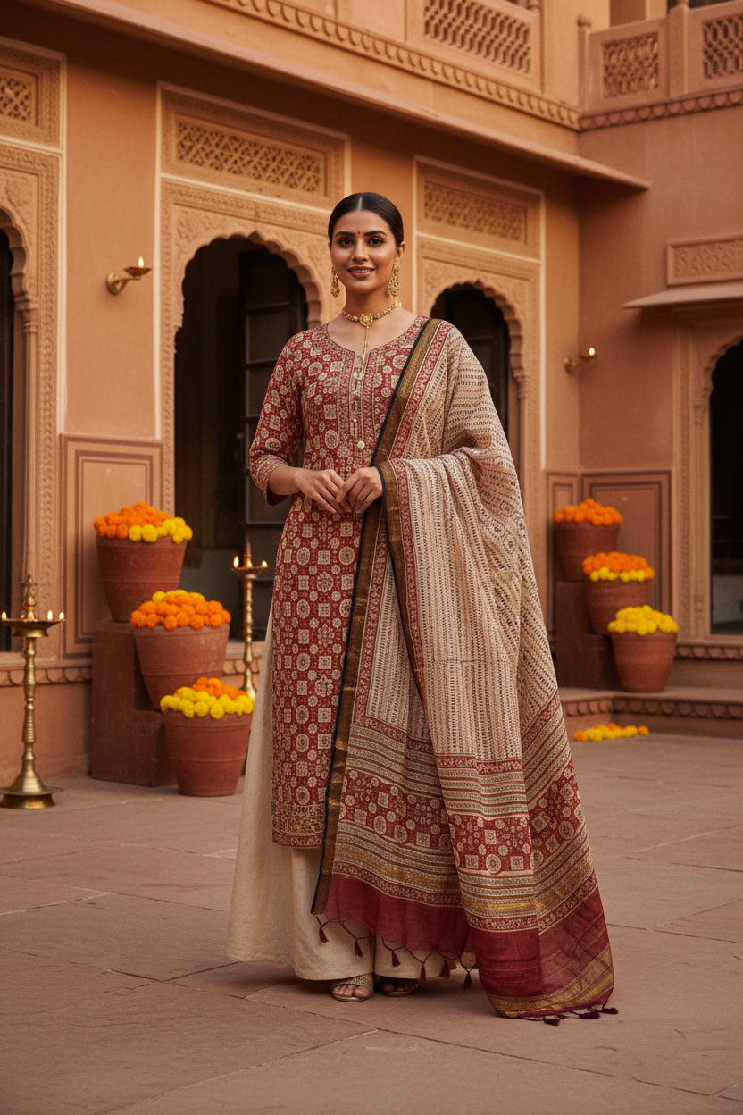 Rust Red Maheshwari Suit