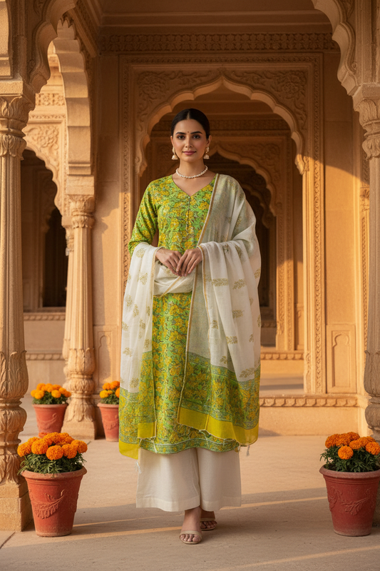 Green Jaal Handblocked Suit