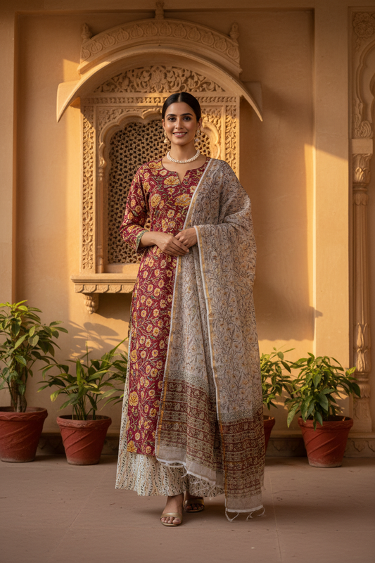 Deep Red Handblocked Suit