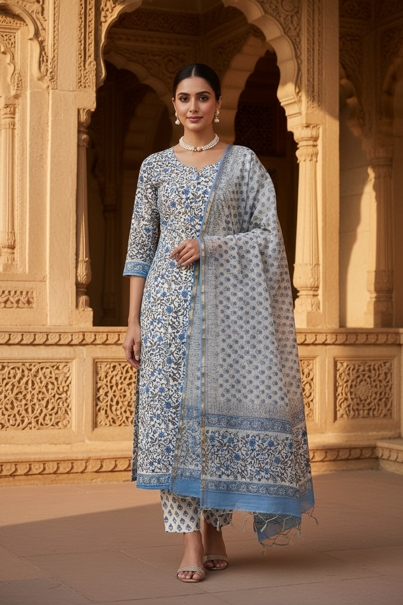 Blue Jaal Handblocked Suit