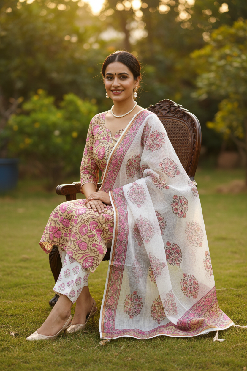 Pink Jaal Handblocked Suit