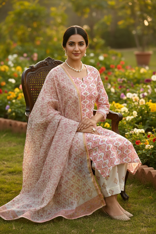 Pink Jaal Handblocked Suit