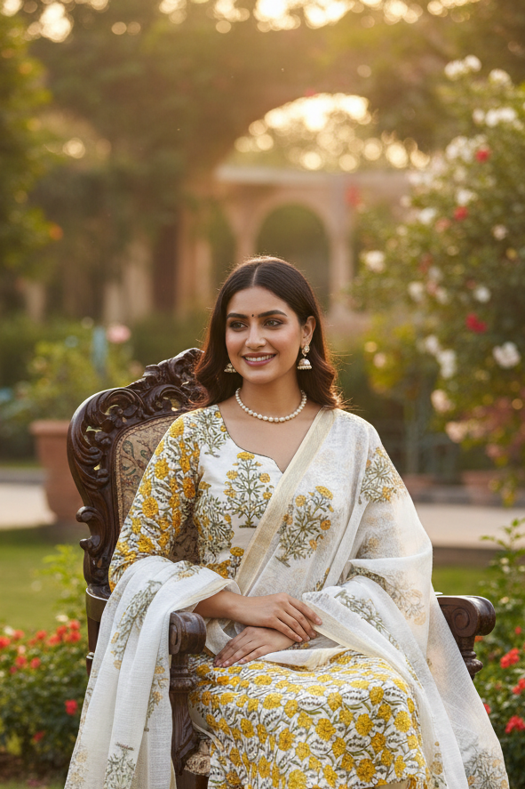 Yellow Jaal Handblocked Suit