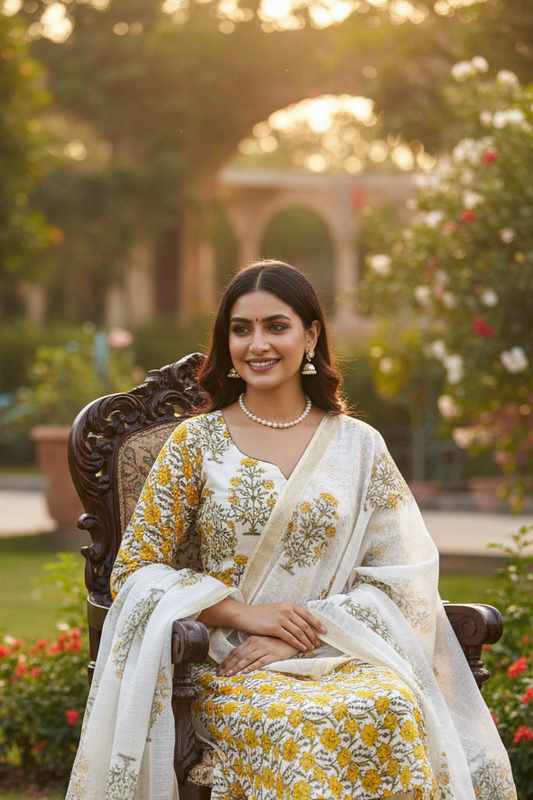 Yellow Jaal Handblocked Suit