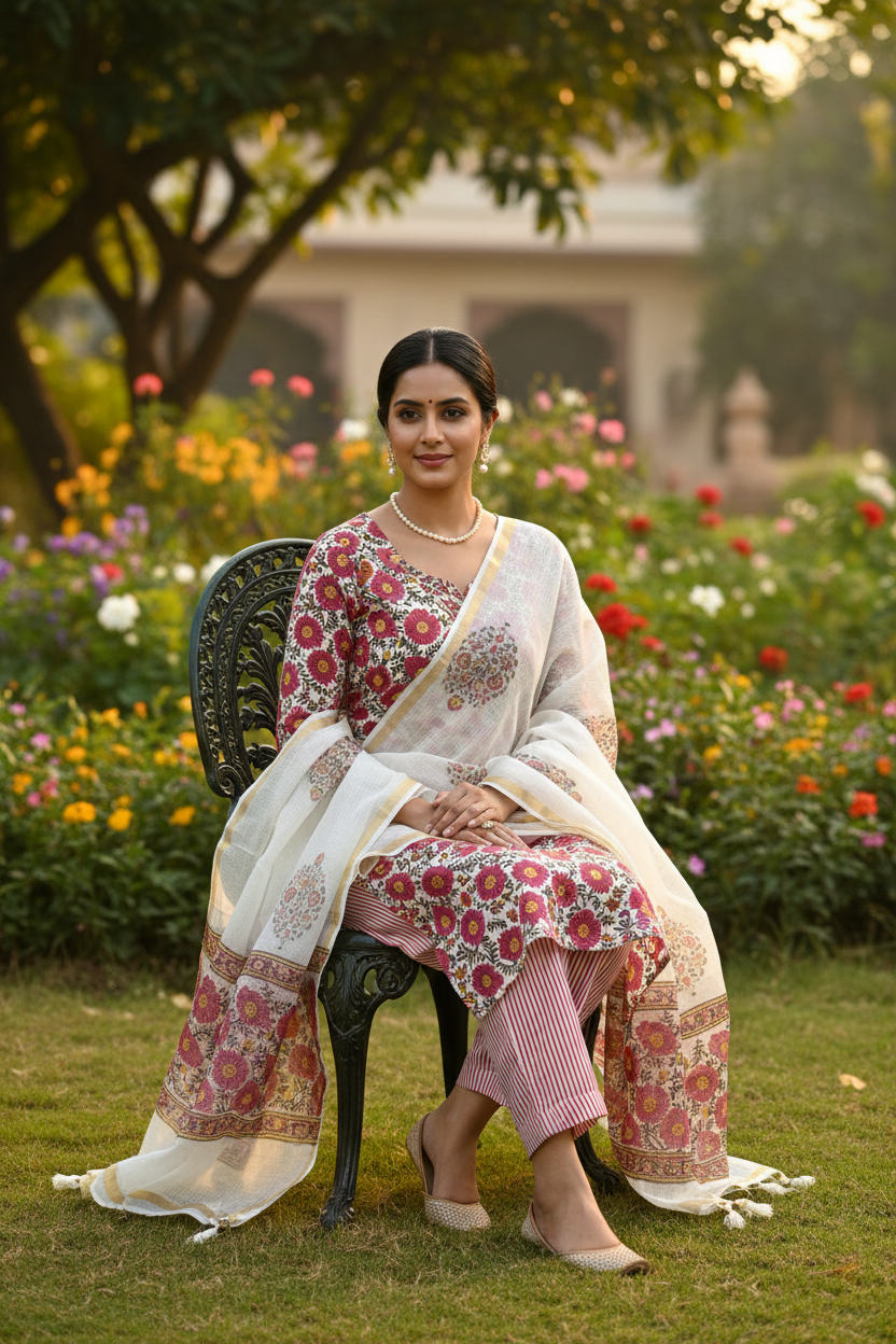 Red Jaal Handblocked Suit