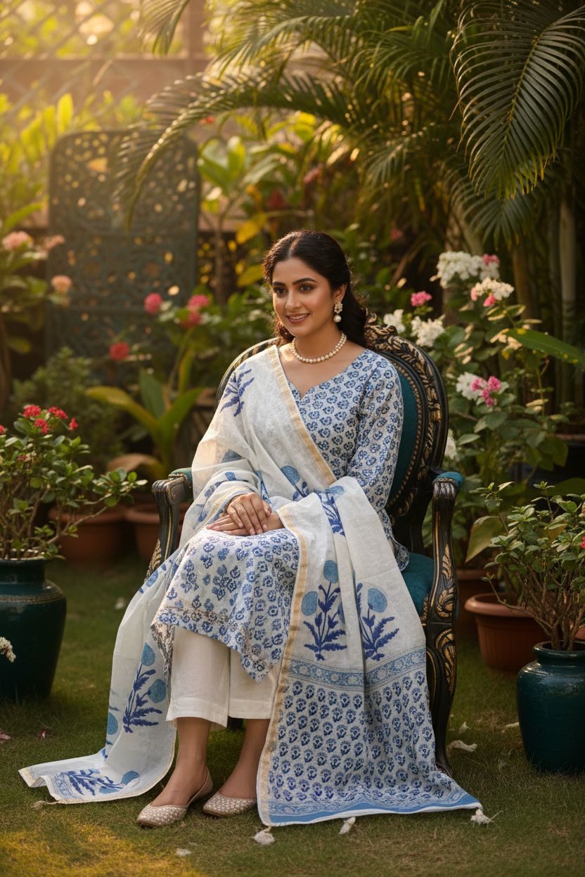 Deep Blue Flower Chanderi Suit