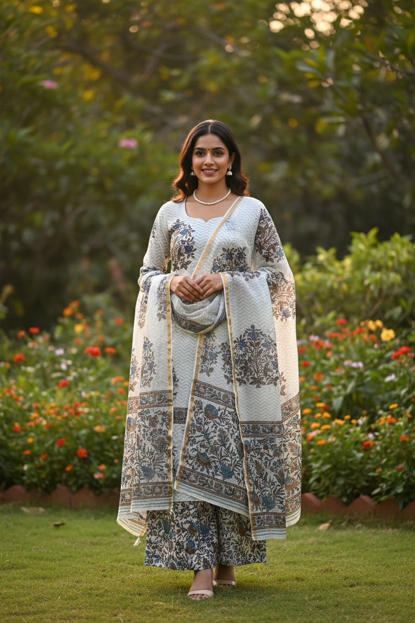 Blue Brown Handblocked Suit