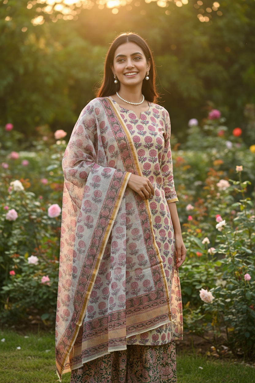 Peach Pink Handblocked Suit