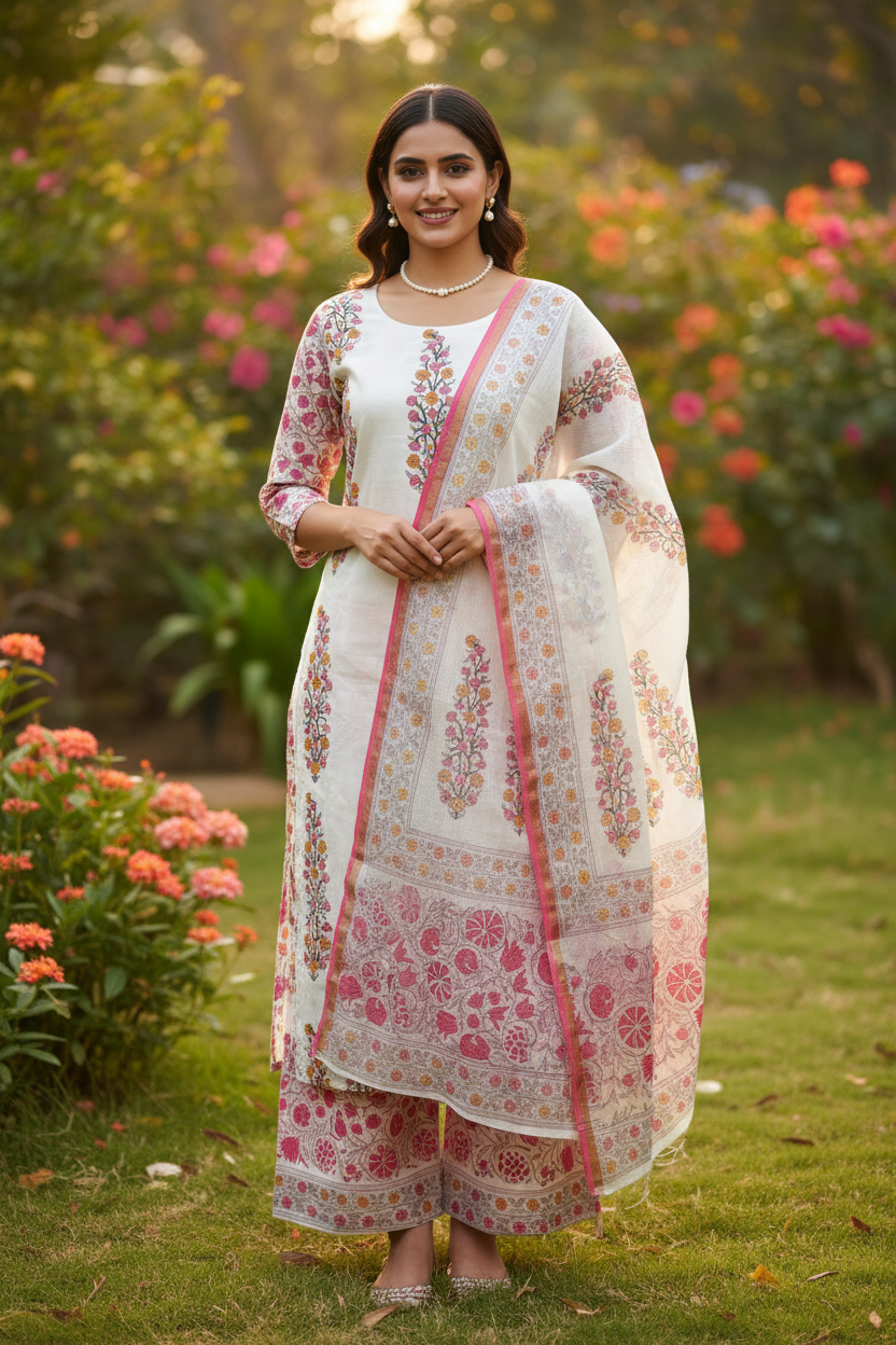 Baby Pink Handblocked Suit