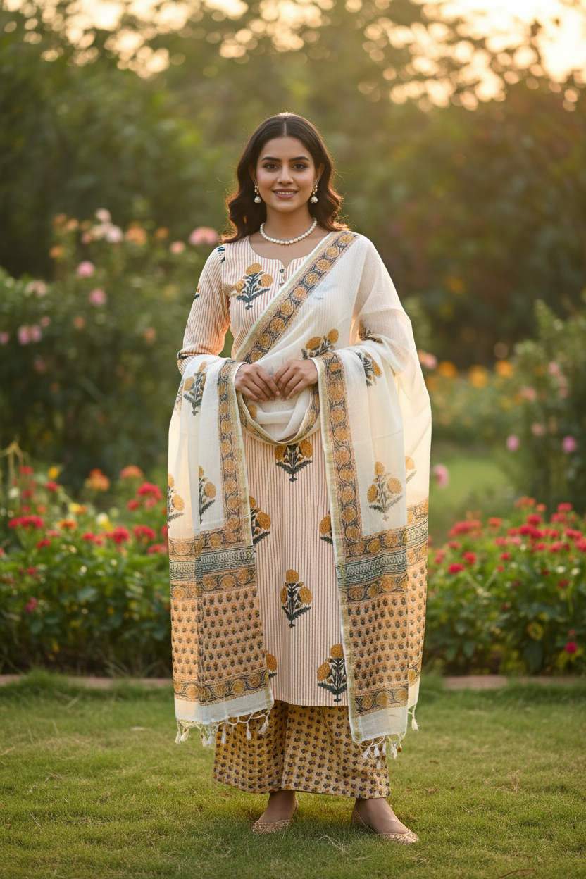Peach & Yellow Handblocked Suit