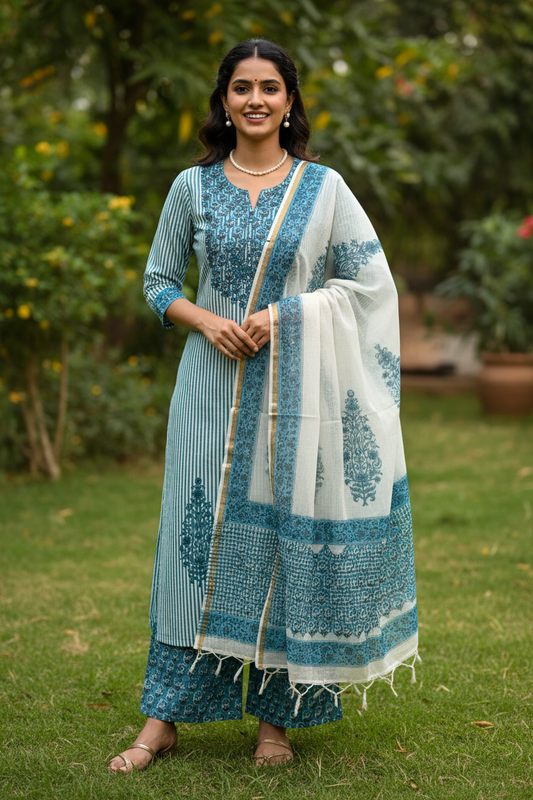 Deep Blue Green Handblocked Suit