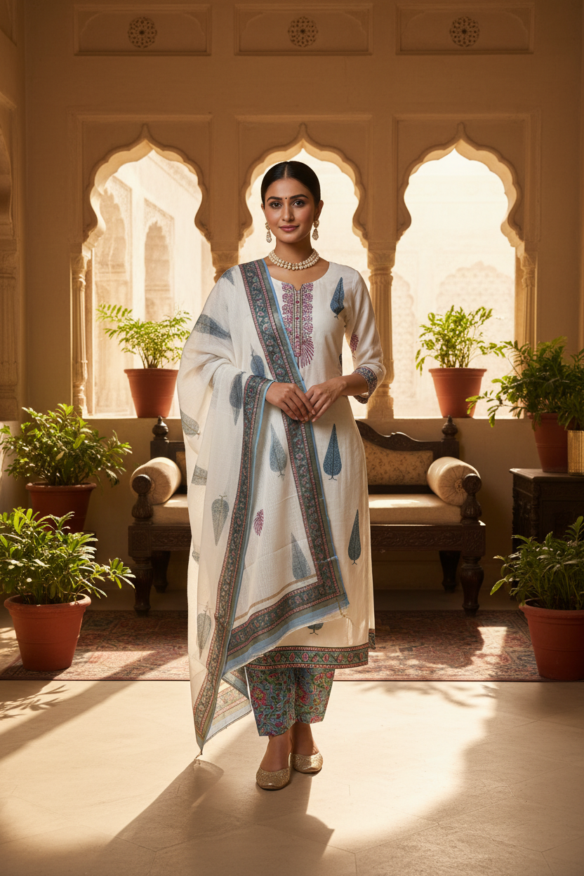 Blue Pink Handblocked Suit