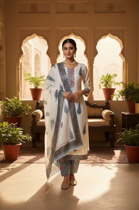 Blue Pink Handblocked Suit
