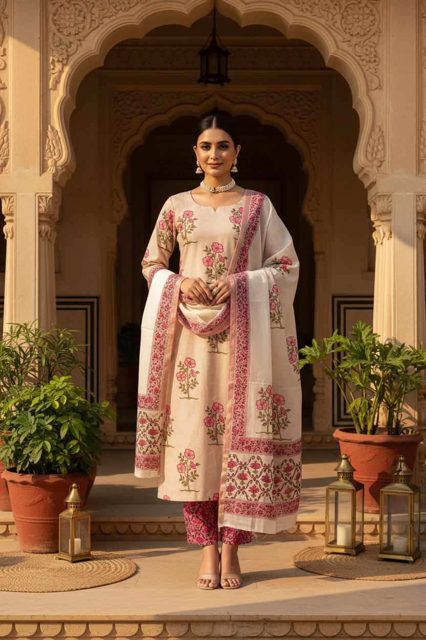 Beige & Pink Chanderi Suit