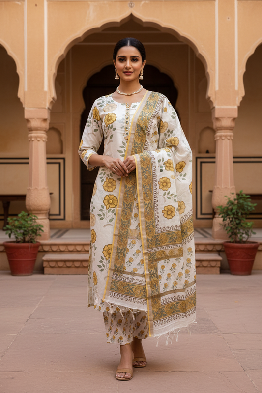 Yellow flower Chanderi Suit