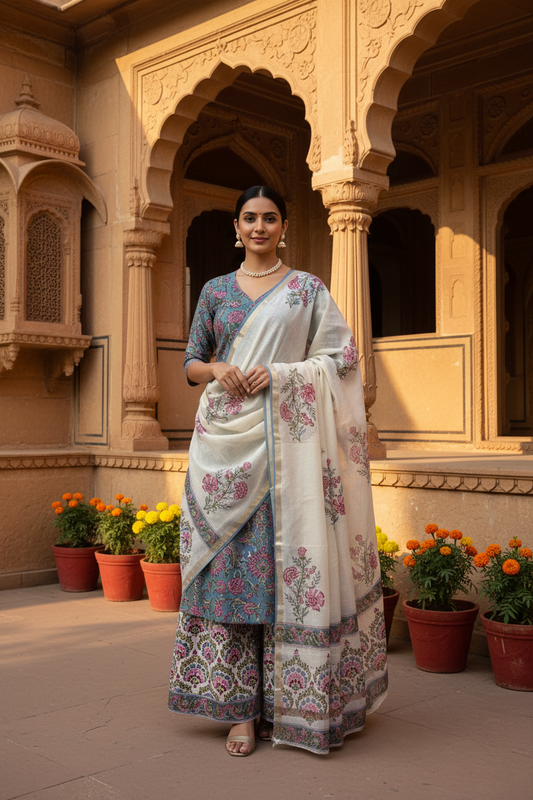 Blue Jaal Chanderi Suit