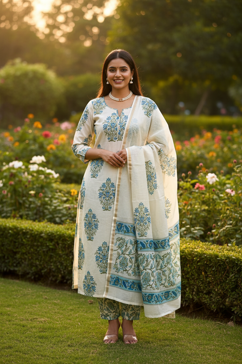Blue Mughal Jaal Chanderi Suit