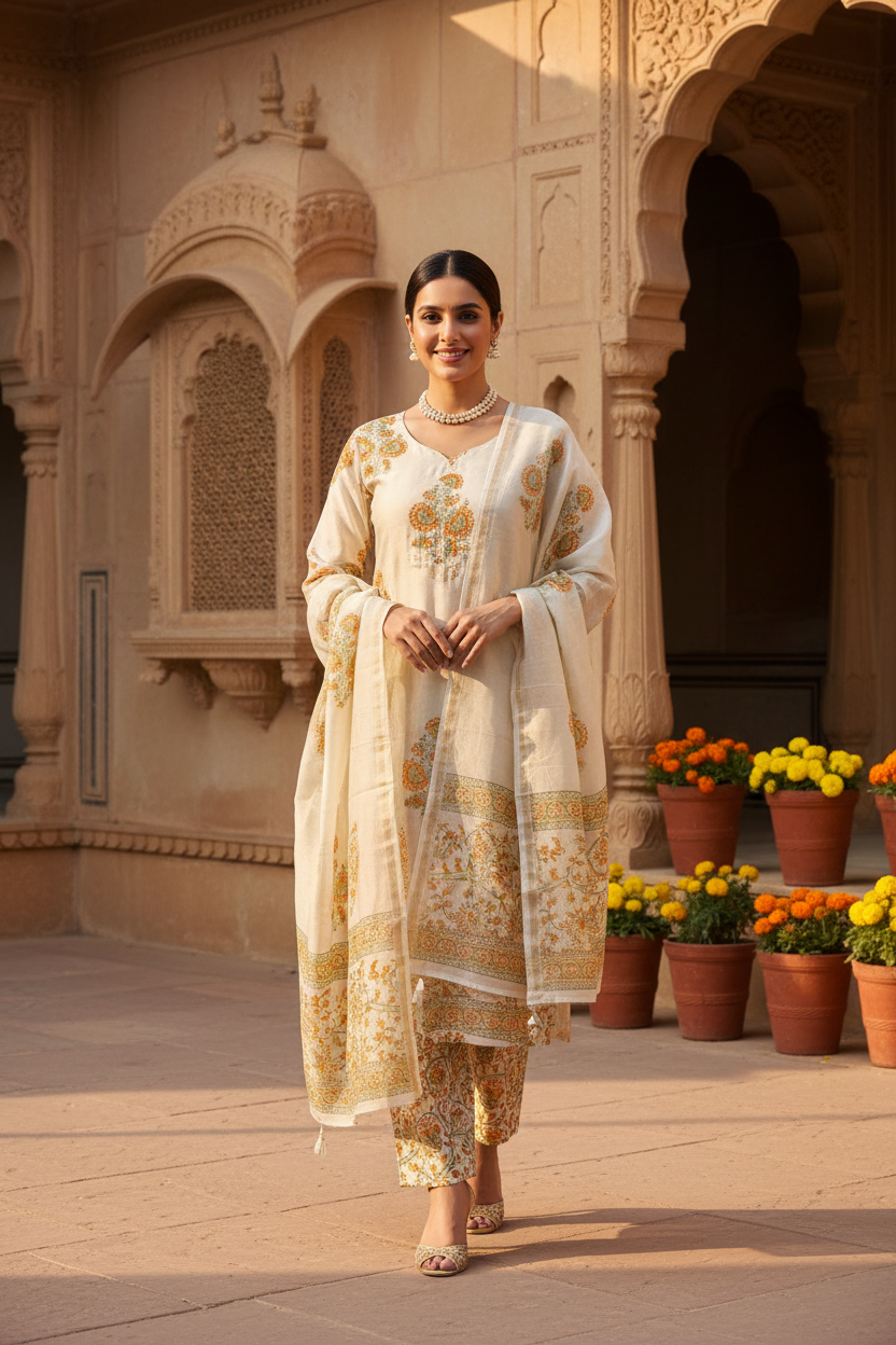 Orange Mughal Boota Chanderi Suit