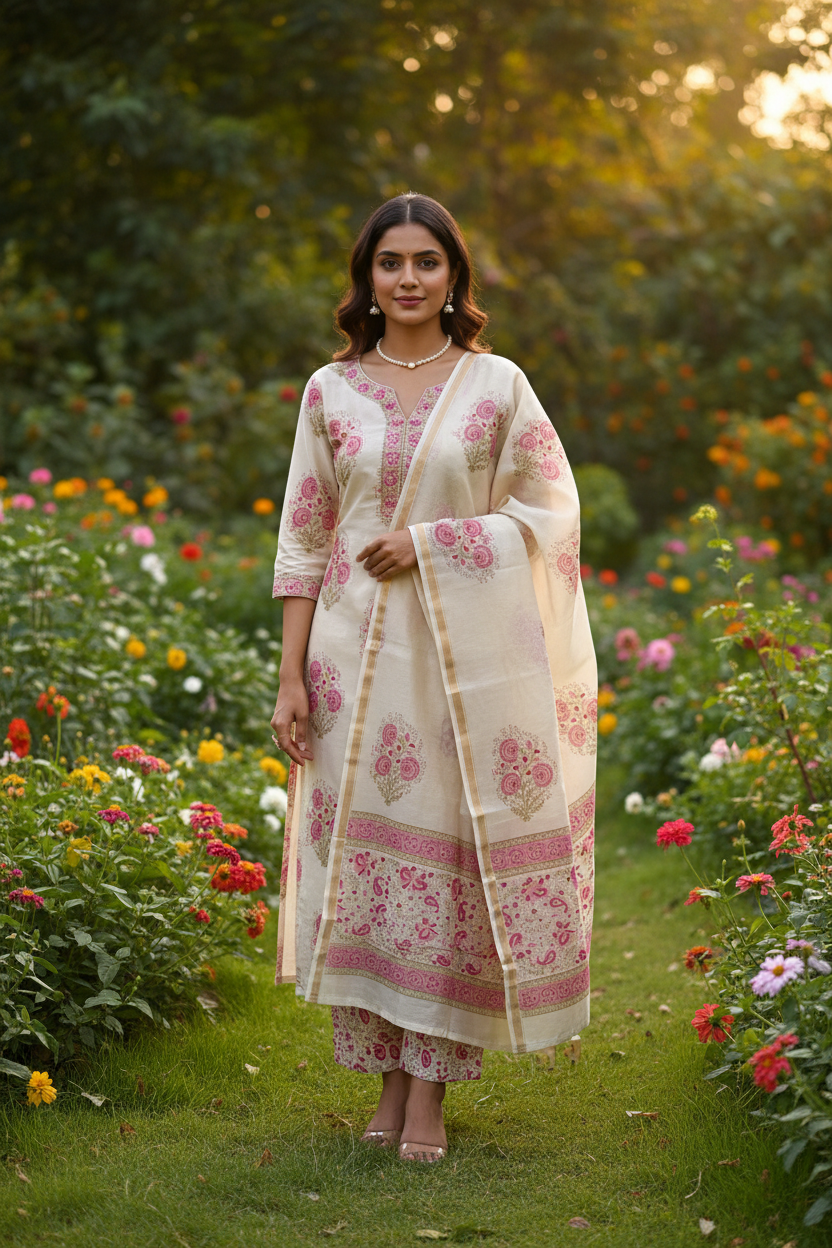 Pink Mughal Booti Chanderi Suit