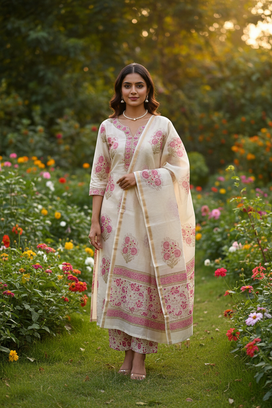 Pink Mughal Booti Chanderi Suit