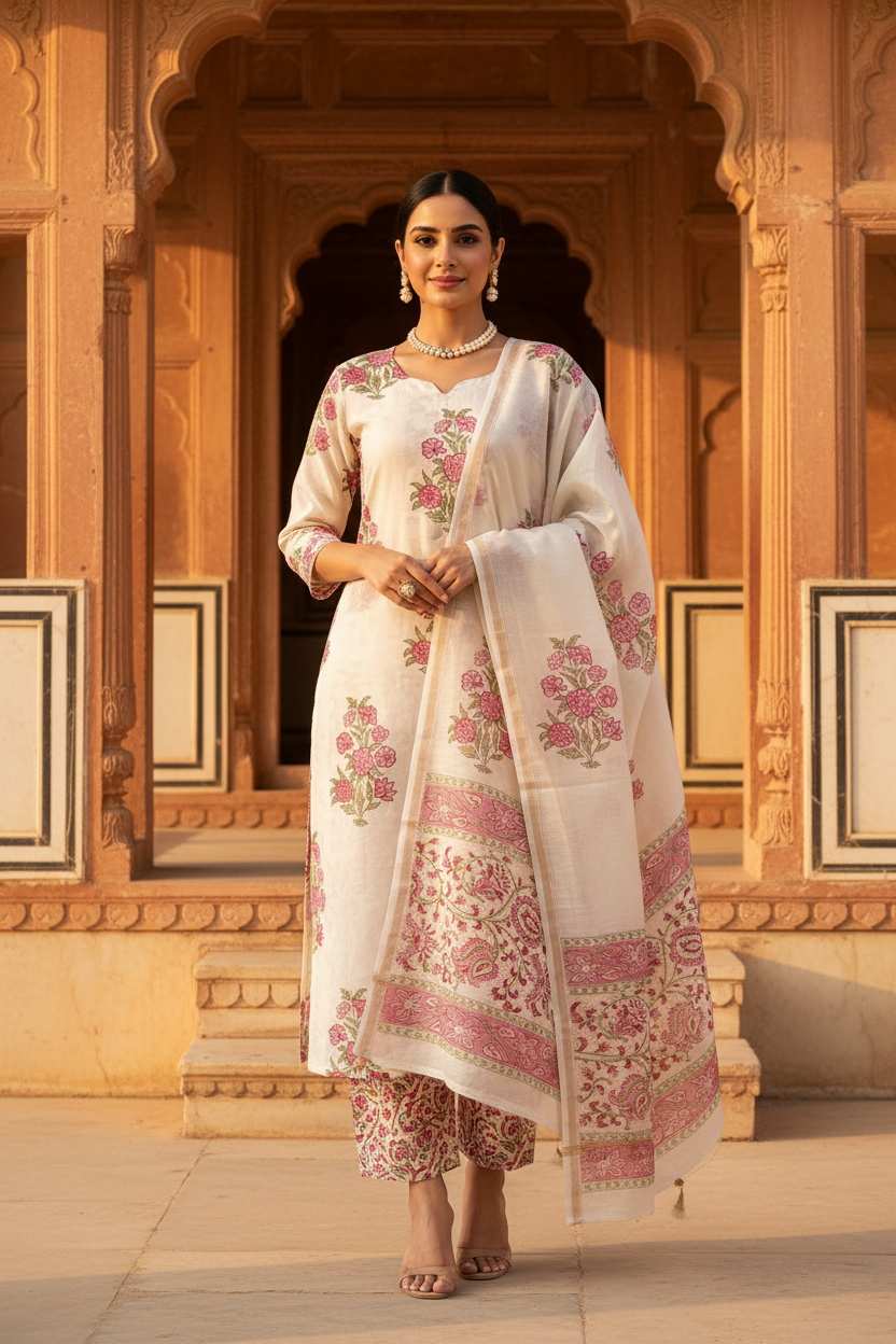 Pink Mughal Boota Chanderi Suit